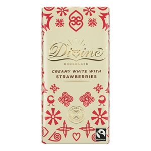Divine Chocolate biela čokoláda s jahodami a vanilkou 25 %, 90 g