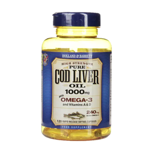 Holland & Barrett Cod liver oil (olej z tresčej pečene), 1000 mg, 120 kapsúl