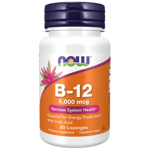 NOW® Foods NOW Vitamin B12 with Folic Acid (Vitamín B12 + Kyselina Listová s kyselinou listovou), 5000 mcg, 60 pastilek