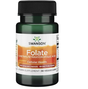 Swanson Folate (5-methyltetrahydrofolát), kyselina listová, 400 mcg, 30 rostlinných kapslí Výživový doplnok