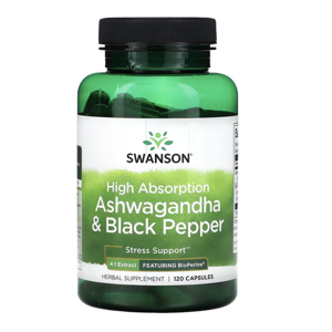 Swanson High Absorption Ashwagandha & Black Pepper, ashwagandha a černý pepř, 120 kapslí Výživový doplnok