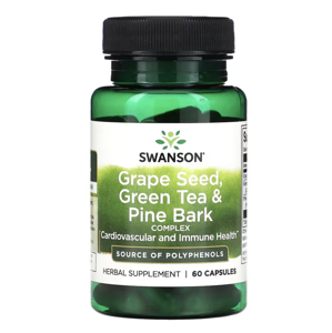 Swanson Grape Seed, Green Tea & Pine Bark Complex,  polyfenoly z hroznových semen, zeleného čaje a kůry borovice, 60 kapslí Výživový doplnok